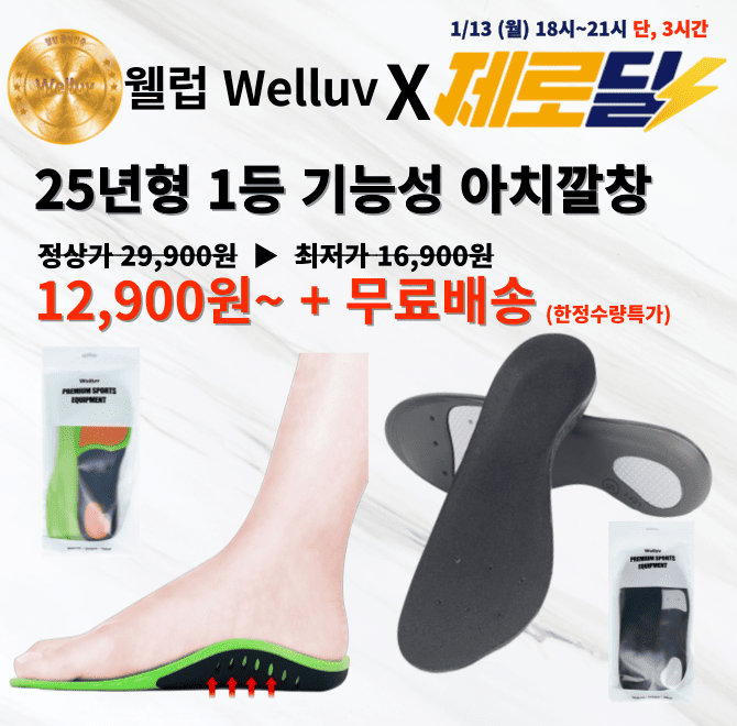 [딱 3시간만]웰럽 1등 기능성 아치깔창 오늘 단 하루만 소비자가 29,900원에서 할인하여 OOOOO원으로 역대급 한정...