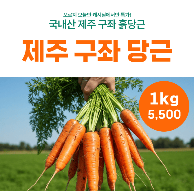 캐시딜 타임특가에서 산지직송 제주 구좌 당근 1kg가 역대급 할인으로 ○○○○원+무료배송에 진행됩니다. 이 구좌 당...