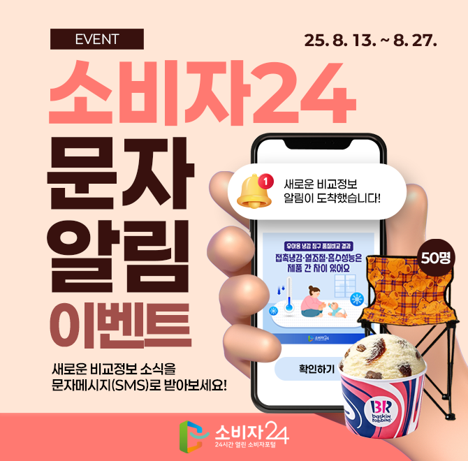 소비자24에서 제공하는 비교공감, 일반비교정보, 리콜뉴스는 OO알림서비스를 통해 모바일로 받아볼 수 있어요. 소...