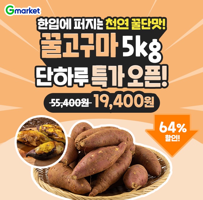오늘만! 첫 입에 OO폭발 꿀맛 꿀고구마 5kg / 2025년 햇고구마 특가! 단 하루 19,400원! 64% 할인 특가 고구마 모...