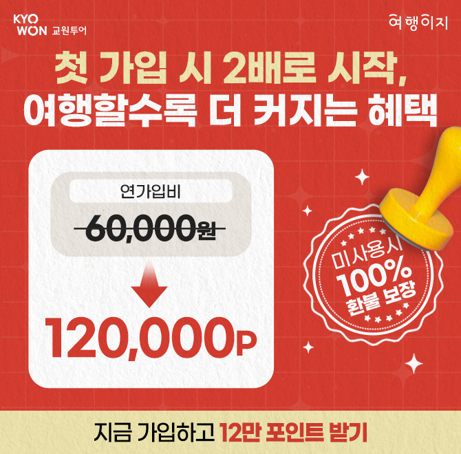 연 6만원만 내면즉시 12만 포인트 지급여기에 최대 107만원 여행 할인쿠폰팩, +5% 적립 포인트까지!심지어 1년 동...